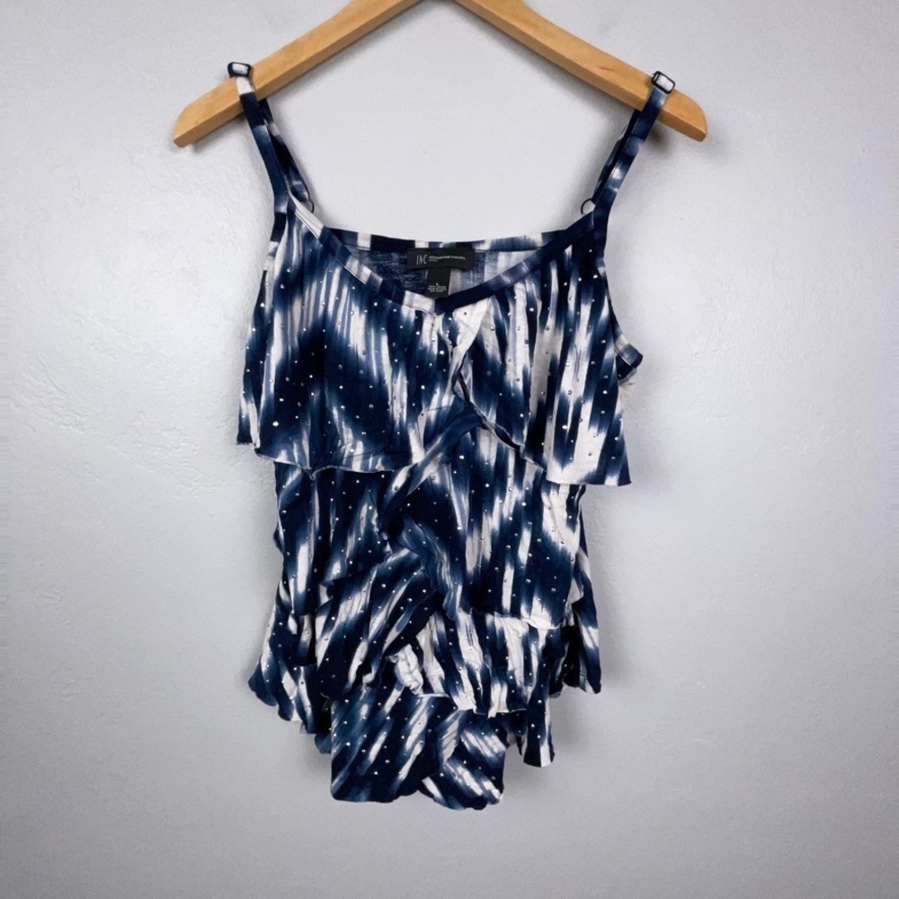 INC Camisole Women L Blue Tie Dye Ruffle Bedazzled Studded Y2K Glam Tiered
